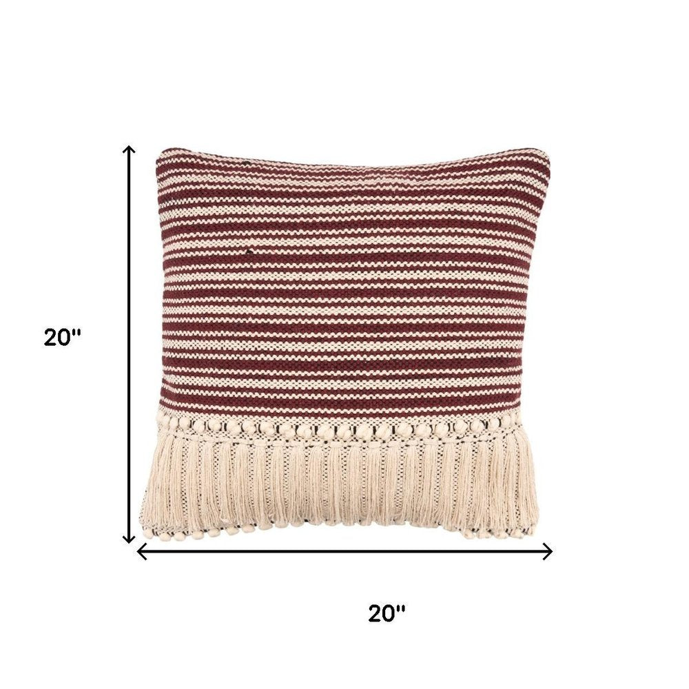 20" Red And Black Striped Cotton Throw Pillow Cover with Fringe And Texture