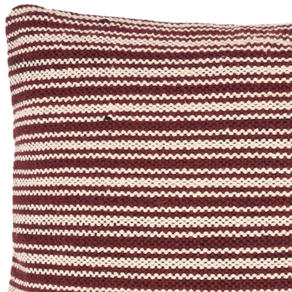 20" Red And Black Striped Cotton Throw Pillow Cover with Fringe And Texture