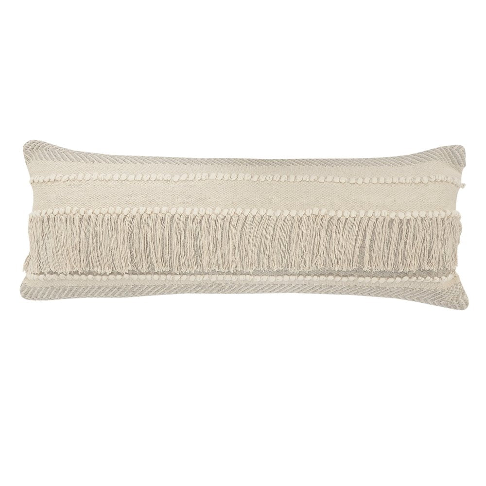 14" X 36" Ivory And Gray Lumbar Striped Cotton Throw Pillow Cover with Fringe And Texture