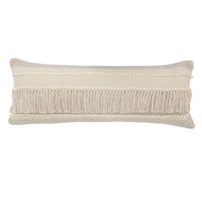 14" X 36" Ivory And Gray Lumbar Striped Cotton Throw Pillow Cover with Fringe And Texture