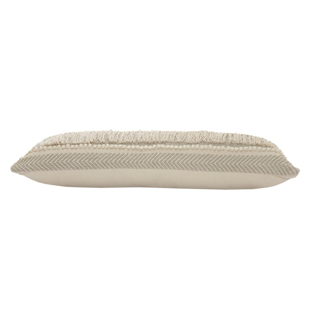 14" X 36" Ivory And Gray Lumbar Striped Cotton Throw Pillow Cover with Fringe And Texture