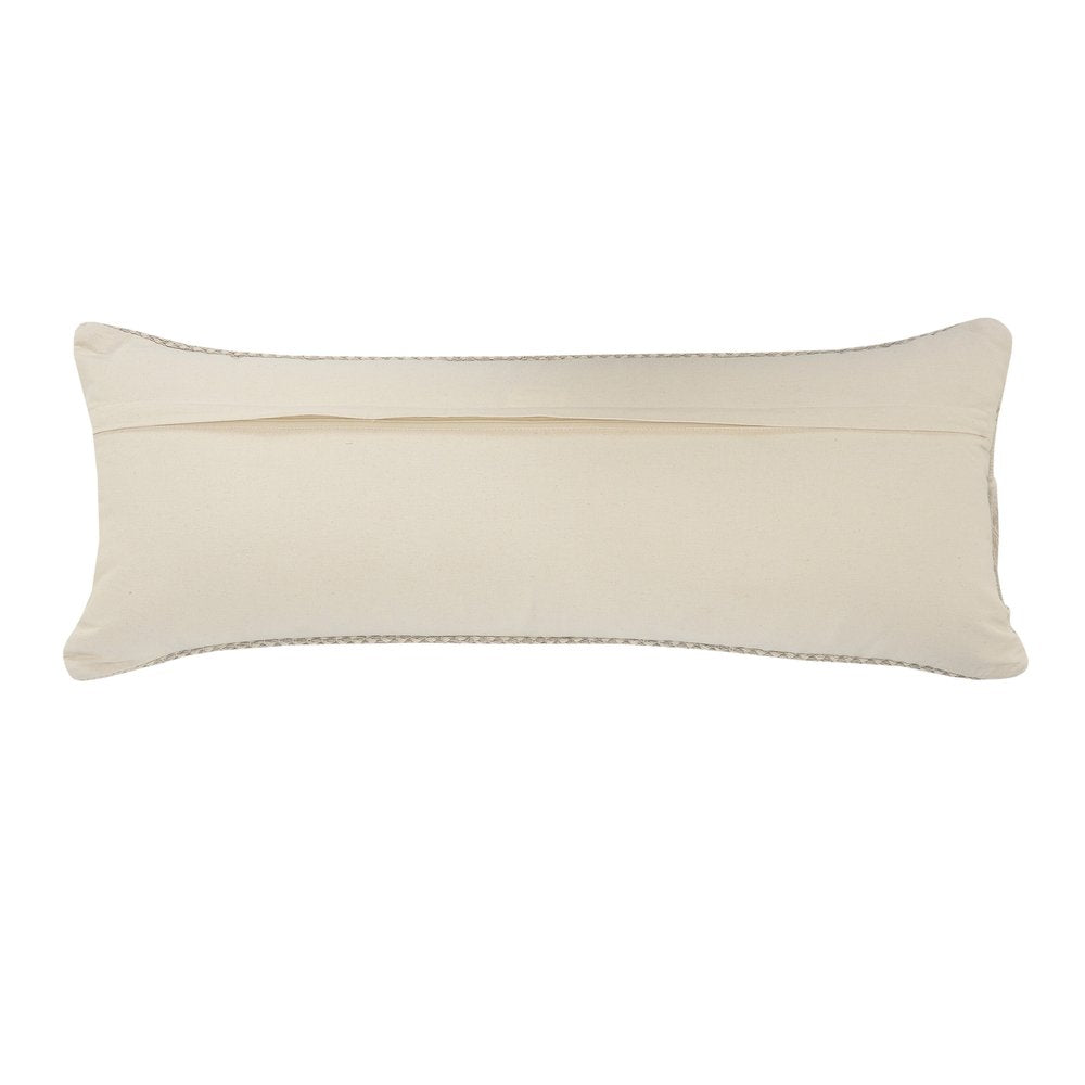 14" X 36" Ivory And Gray Lumbar Striped Cotton Throw Pillow Cover with Fringe And Texture