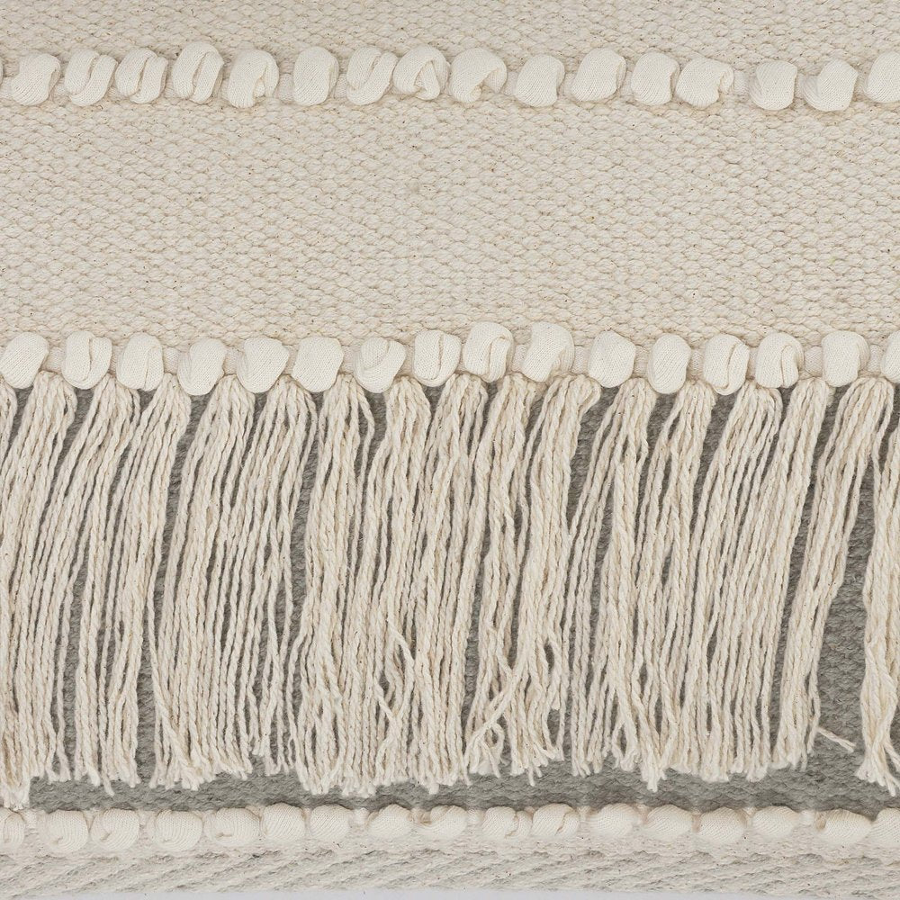 14" X 36" Ivory And Gray Lumbar Striped Cotton Throw Pillow Cover with Fringe And Texture