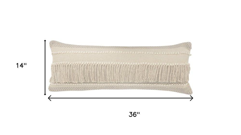 14" X 36" Ivory And Gray Lumbar Striped Cotton Throw Pillow Cover with Fringe And Texture