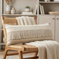 14" X 36" Ivory And Gray Lumbar Striped Cotton Throw Pillow Cover with Fringe And Texture