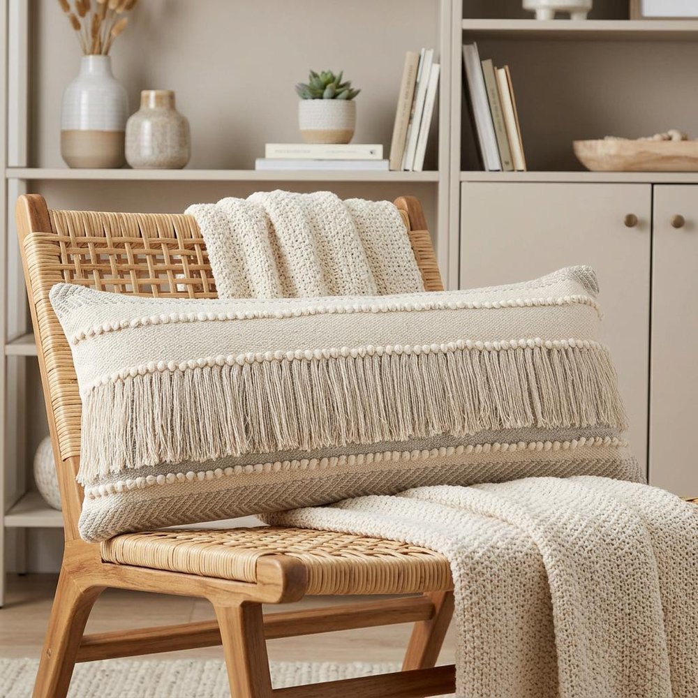 14" X 36" Ivory And Gray Lumbar Striped Cotton Throw Pillow Cover with Fringe And Texture