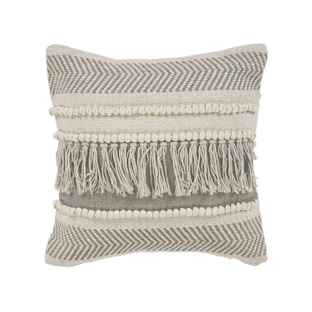 20" Ivory And Gray Striped Cotton Throw Pillow Cover with Fringe And Texture