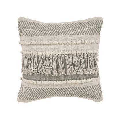 20" Ivory And Gray Striped Cotton Throw Pillow Cover with Fringe And Texture
