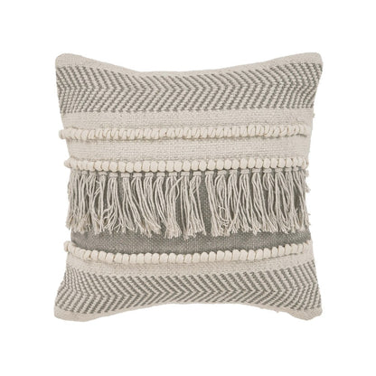20" Ivory And Gray Striped Cotton Throw Pillow Cover with Fringe And Texture