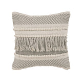 20" Ivory And Gray Striped Cotton Throw Pillow Cover with Fringe And Texture