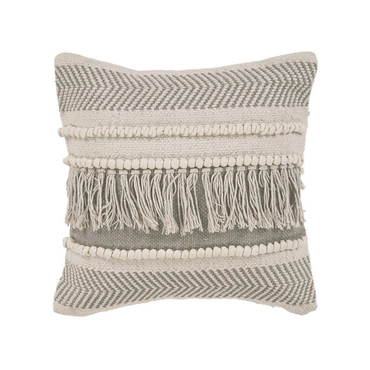 20" Ivory And Gray Striped Cotton Throw Pillow Cover with Fringe And Texture