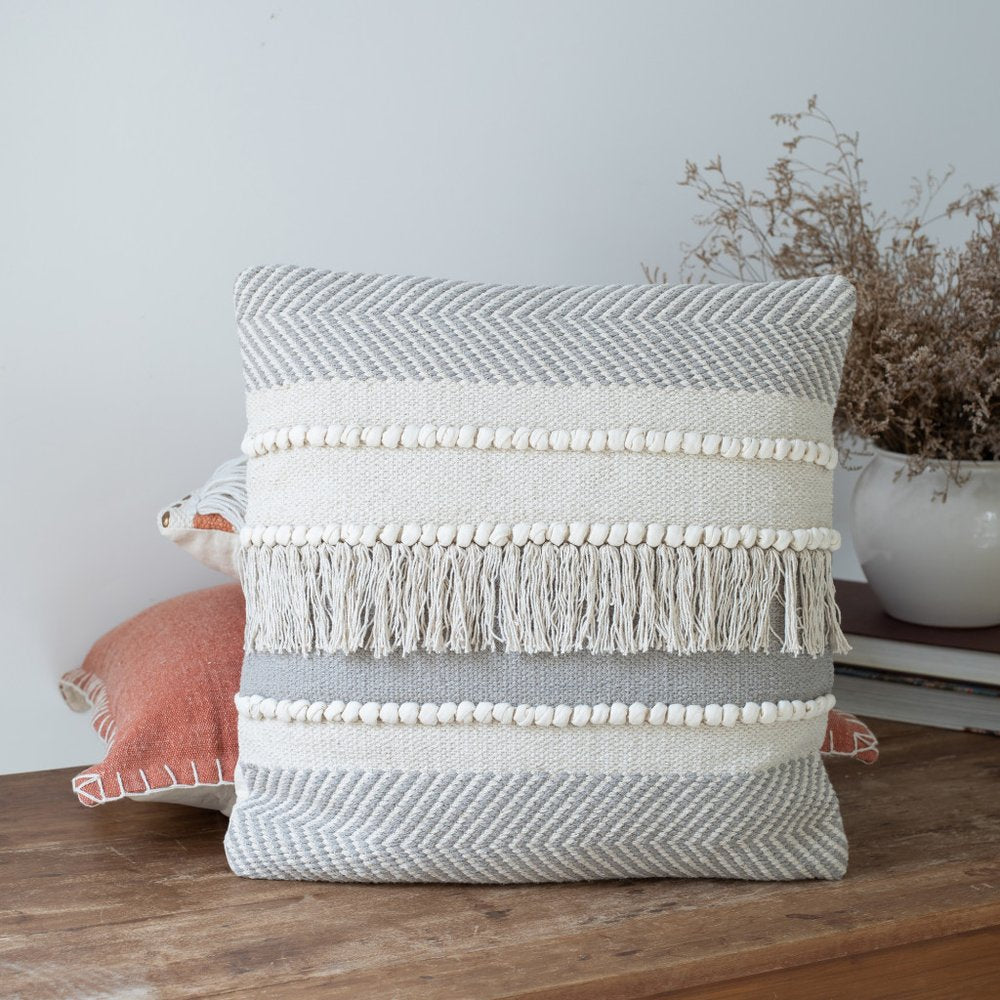 20" Ivory And Gray Striped Cotton Throw Pillow Cover