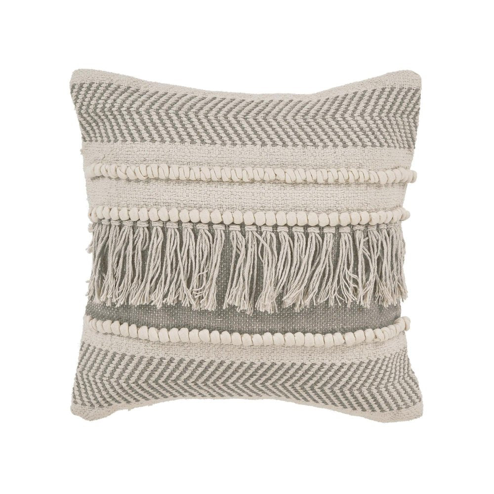 20" Ivory And Gray Striped Cotton Throw Pillow Cover with Fringe And Texture