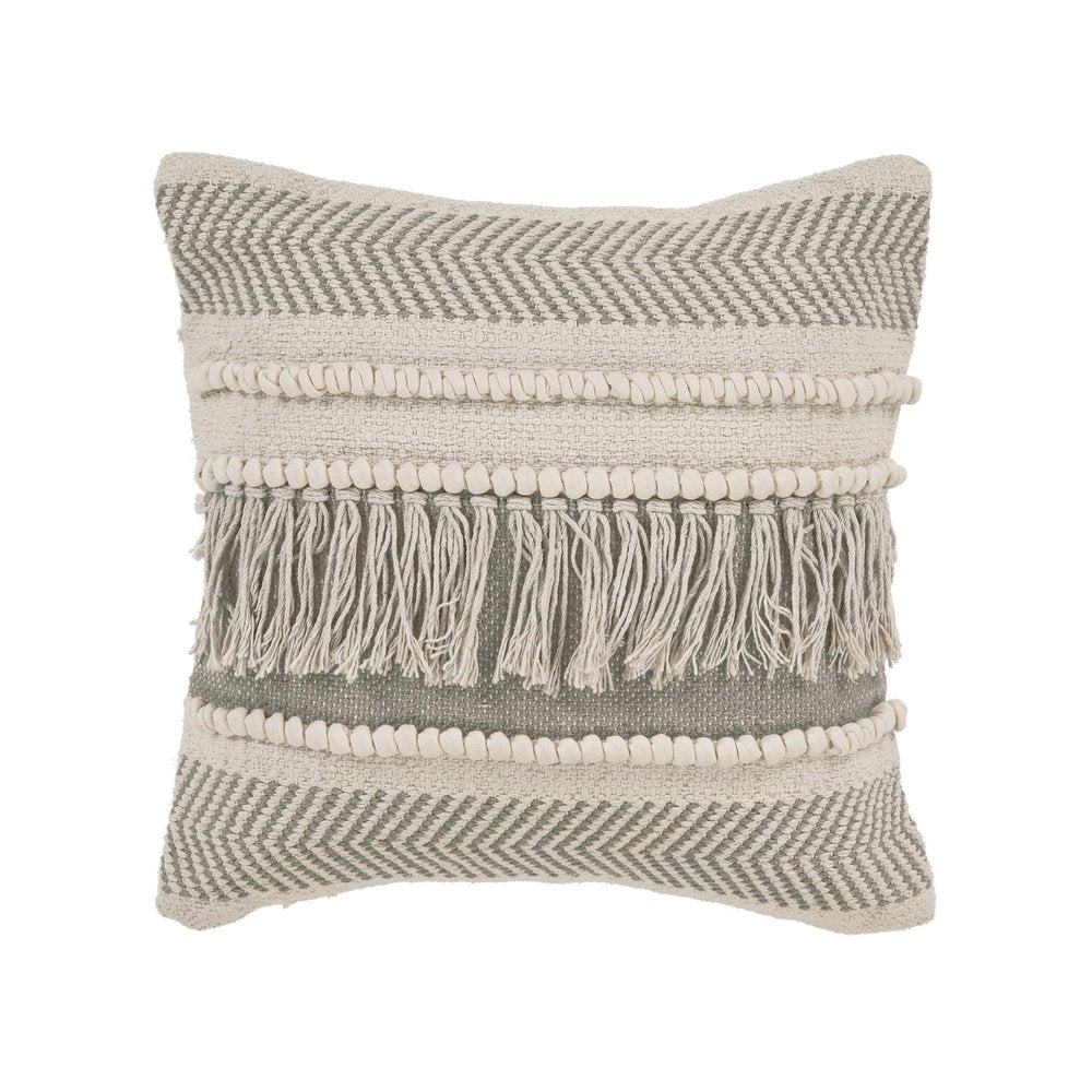 20" Ivory And Gray Striped Cotton Throw Pillow Cover with Fringe And Texture