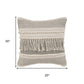 20" Ivory And Gray Striped Cotton Throw Pillow Cover with Fringe And Texture