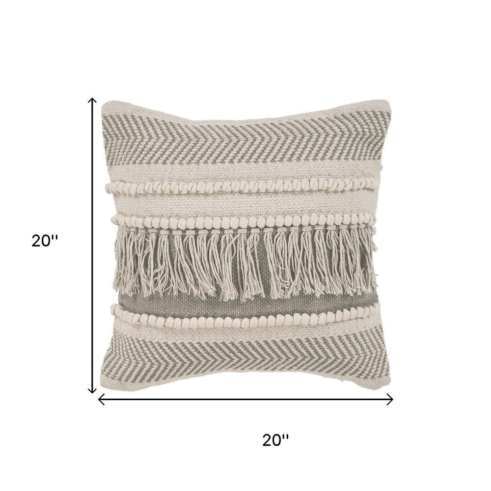 20" Ivory And Gray Striped Cotton Throw Pillow Cover with Fringe And Texture