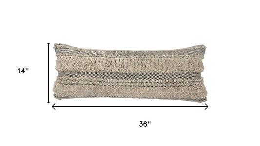 14" X 36" Beige And Black Lumbar Striped Cotton Throw Pillow Cover with Fringe And Texture