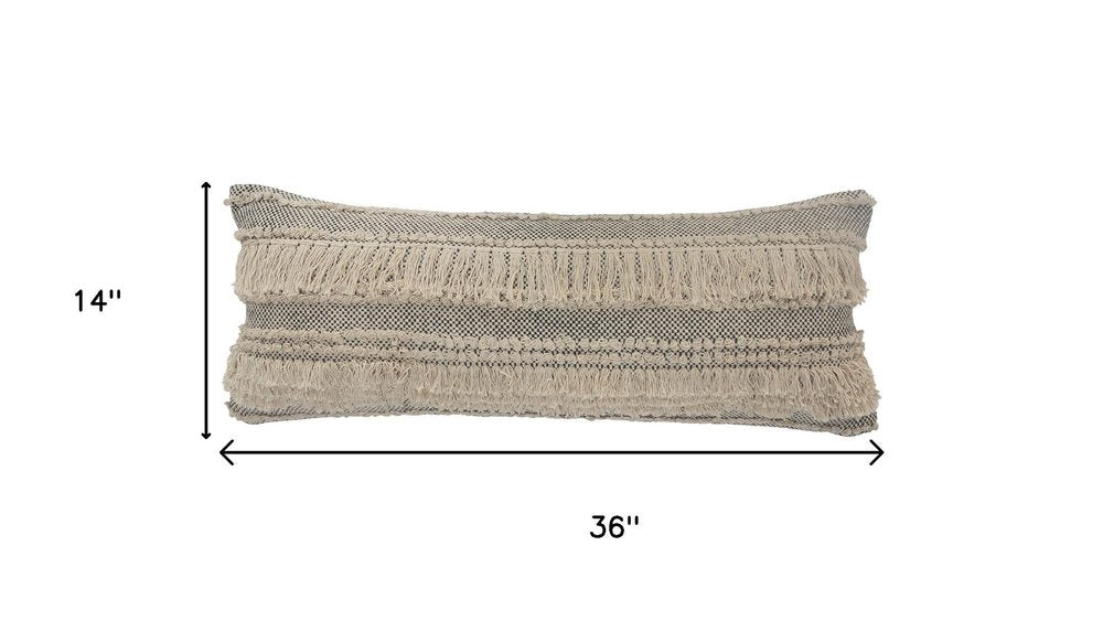 14" X 36" Beige And Black Lumbar Striped Cotton Throw Pillow Cover