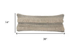 14" X 36" Beige And Black Lumbar Striped Cotton Throw Pillow Cover with Fringe And Texture