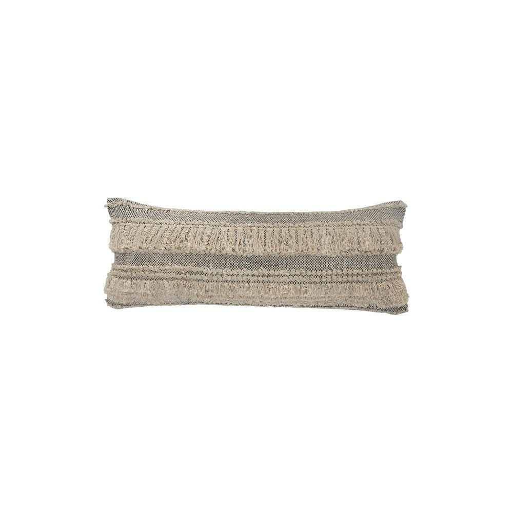 14" X 36" Beige And Black Lumbar Striped Cotton Throw Pillow Cover with Fringe And Texture