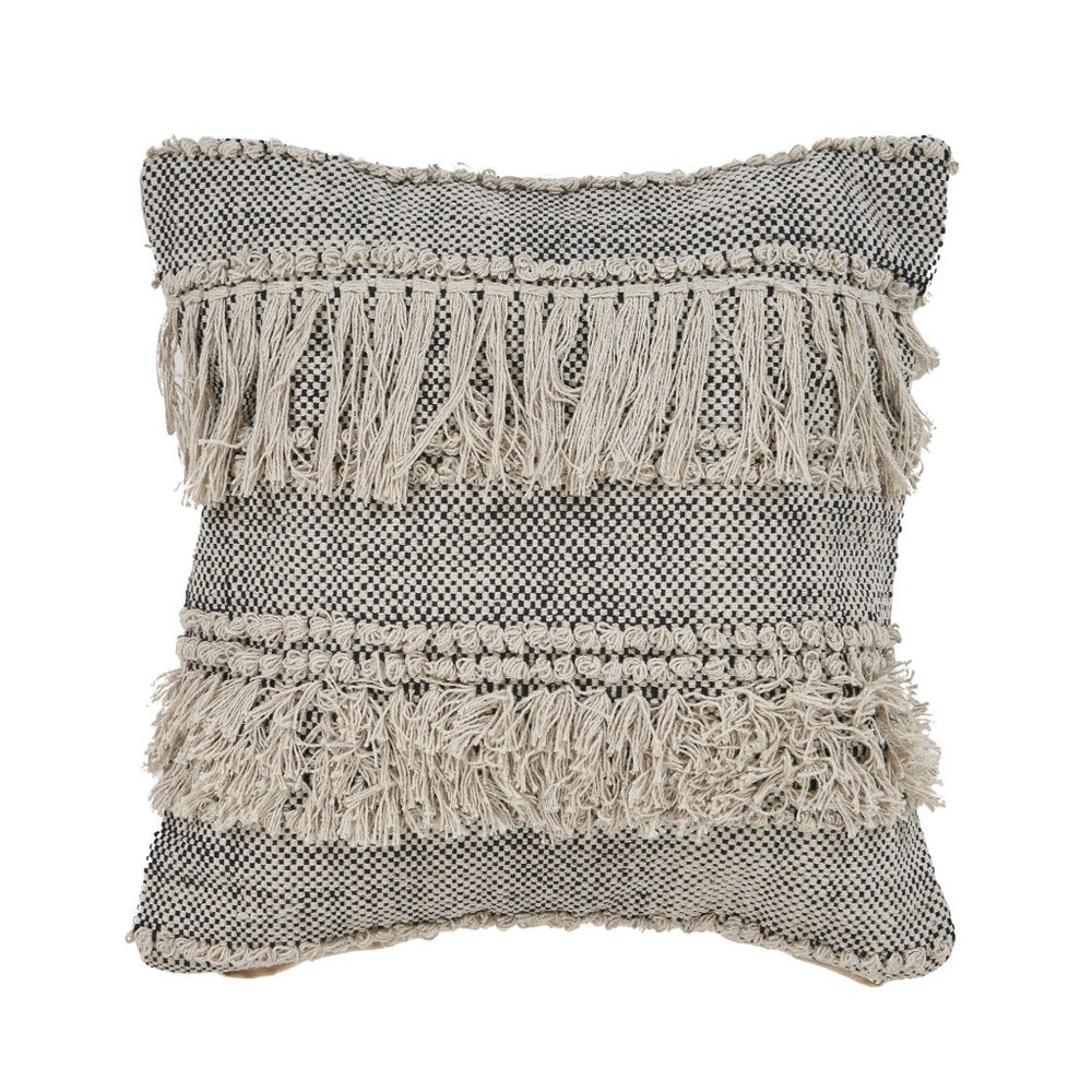 20" Beige And Black Striped Cotton Throw Pillow Cover with Fringe And Texture