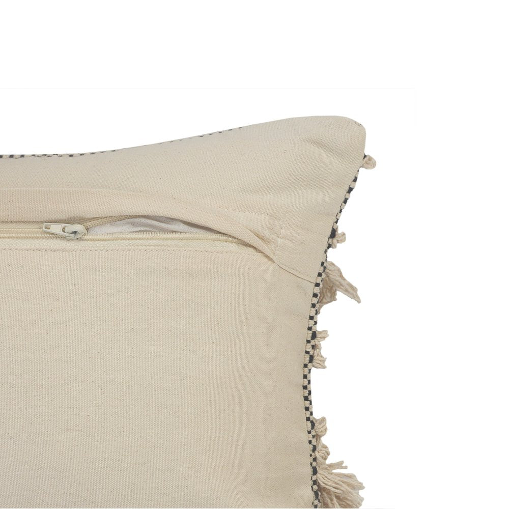 20" Beige And Black Striped Cotton Throw Pillow Cover with Fringe And Texture
