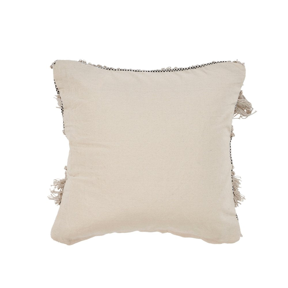 20" Beige And Black Striped Cotton Throw Pillow Cover with Fringe And Texture