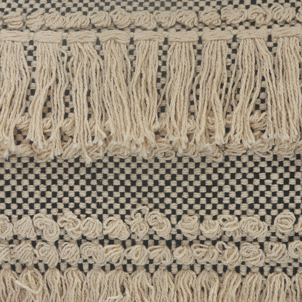 20" Beige And Black Striped Cotton Throw Pillow Cover with Fringe And Texture