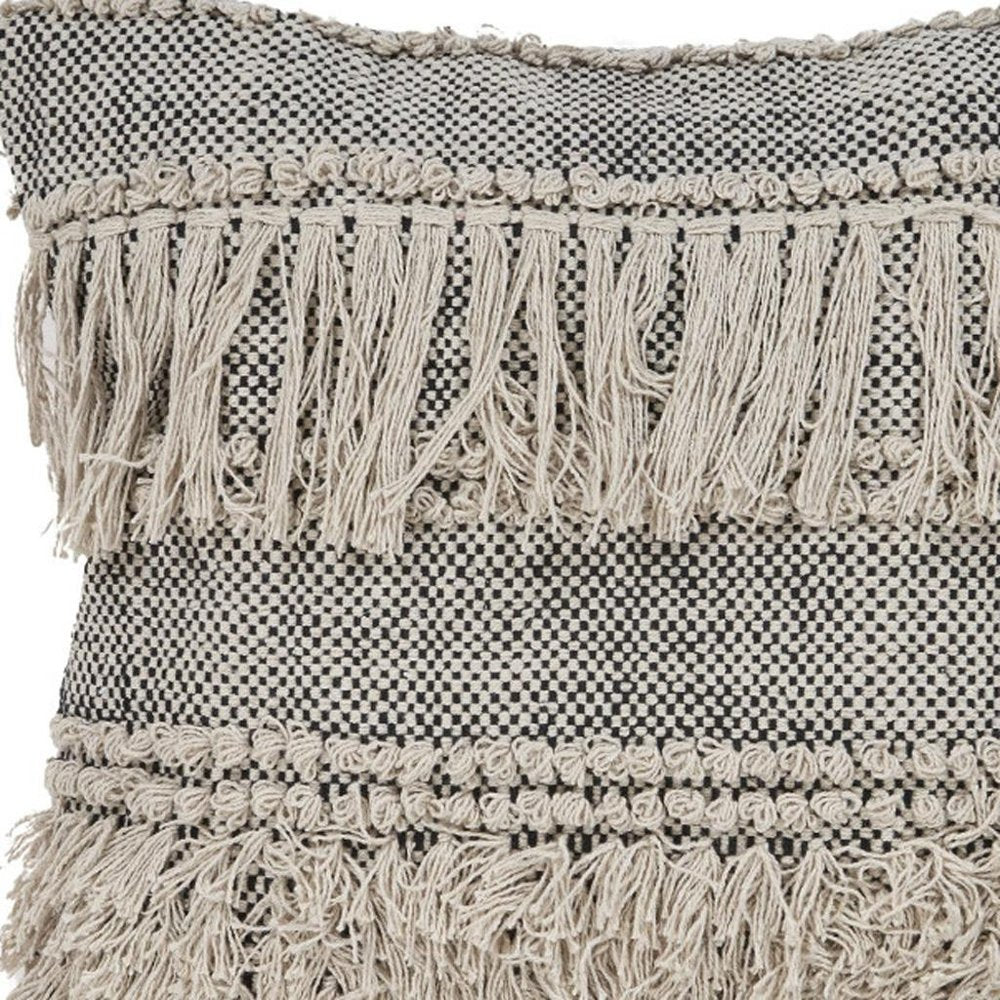 20" Beige And Black Striped Cotton Throw Pillow Cover with Fringe And Texture
