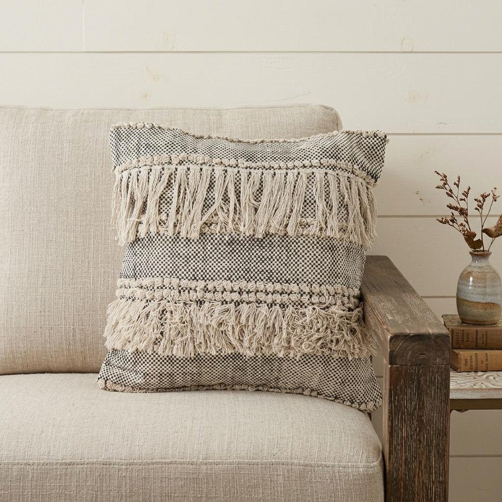 20" Beige And Black Striped Cotton Throw Pillow Cover with Fringe And Texture