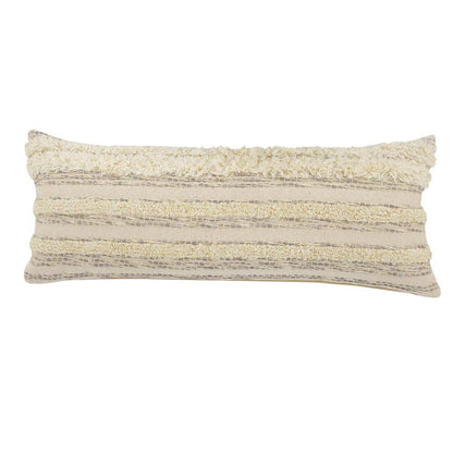 14" X 36" Cream And Gray Lumbar Striped Cotton Throw Pillow Cover with Fringe And Texture