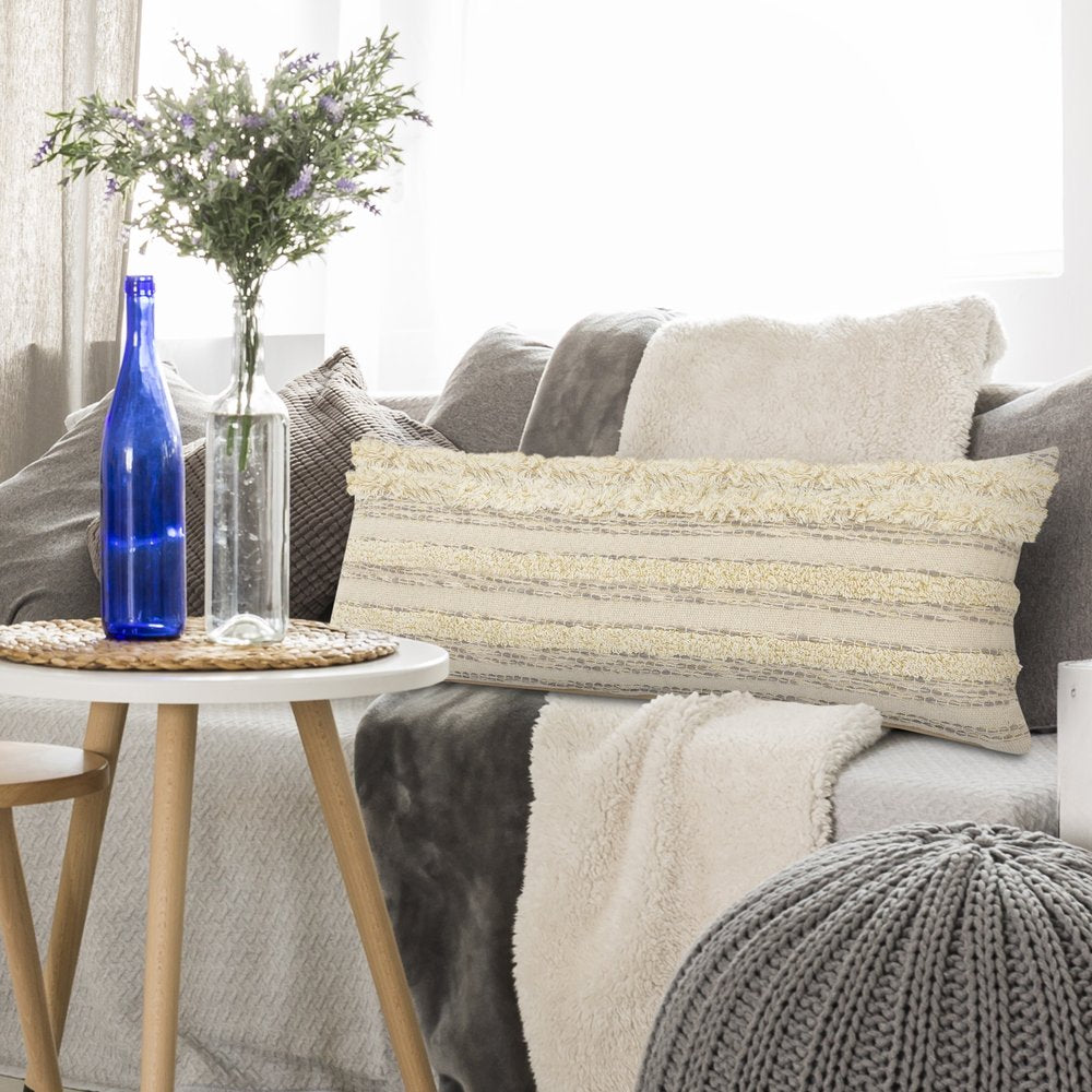 14" X 36" Cream And Gray Lumbar Striped Cotton Throw Pillow Cover