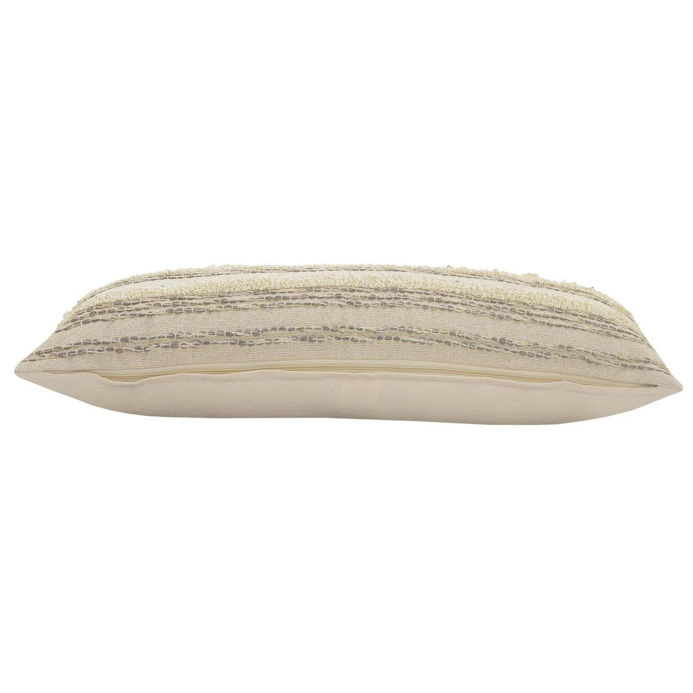 14" X 36" Cream And Gray Lumbar Striped Cotton Throw Pillow Cover with Fringe And Texture