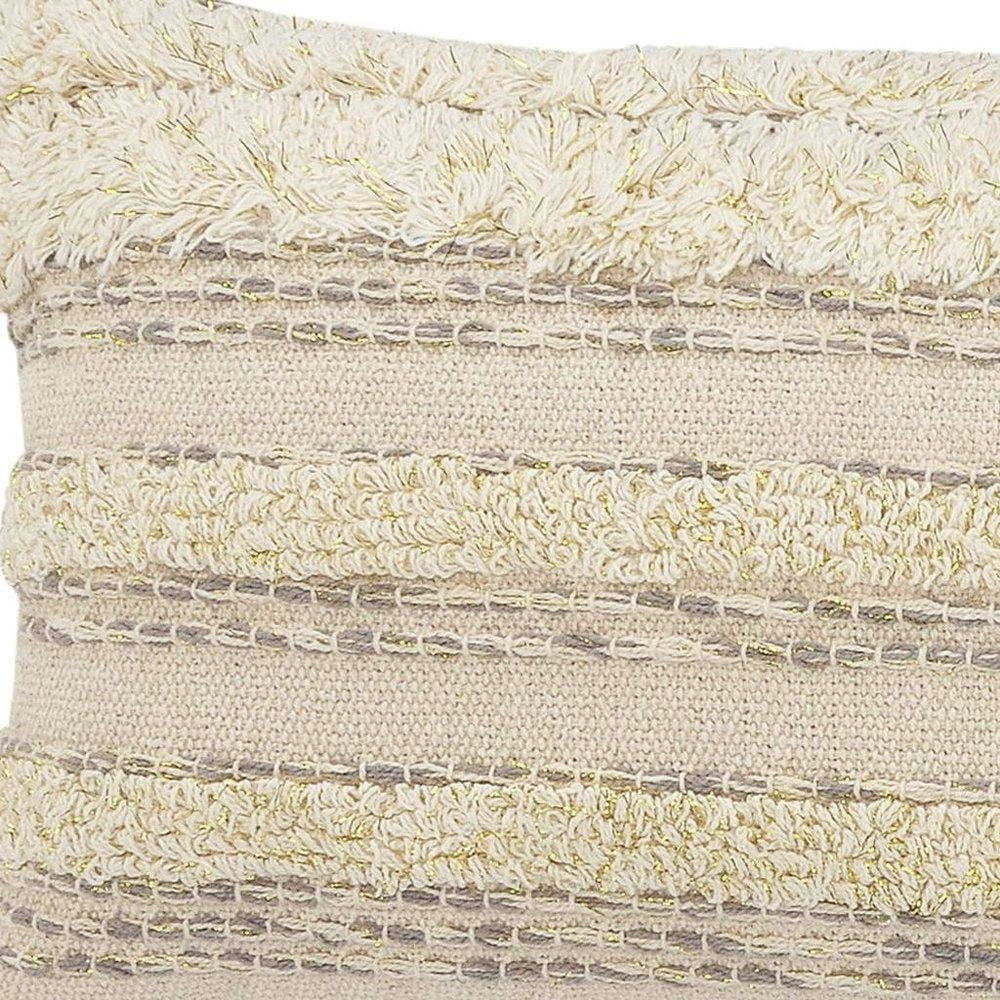 14" X 36" Cream And Gray Lumbar Striped Cotton Throw Pillow Cover with Fringe And Texture