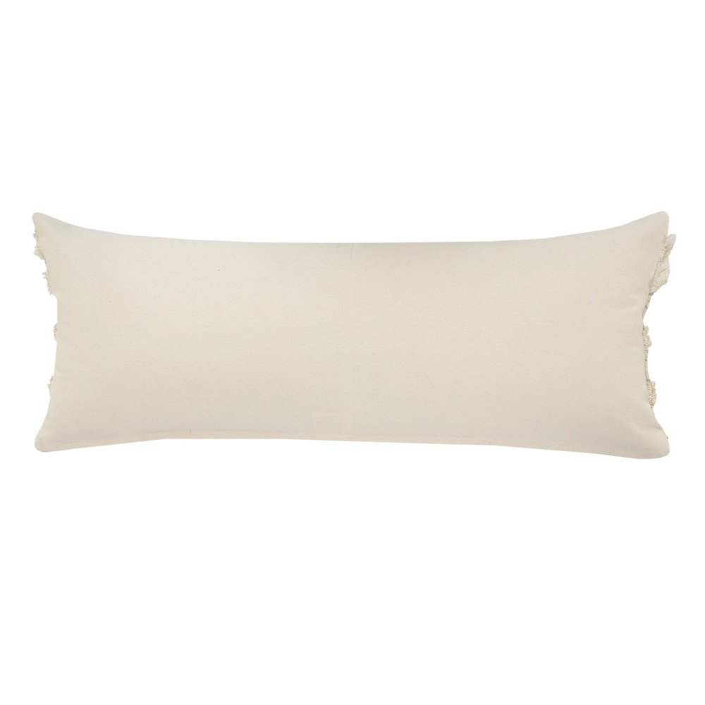 14" X 36" Cream And Gray Lumbar Striped Cotton Throw Pillow Cover with Fringe And Texture