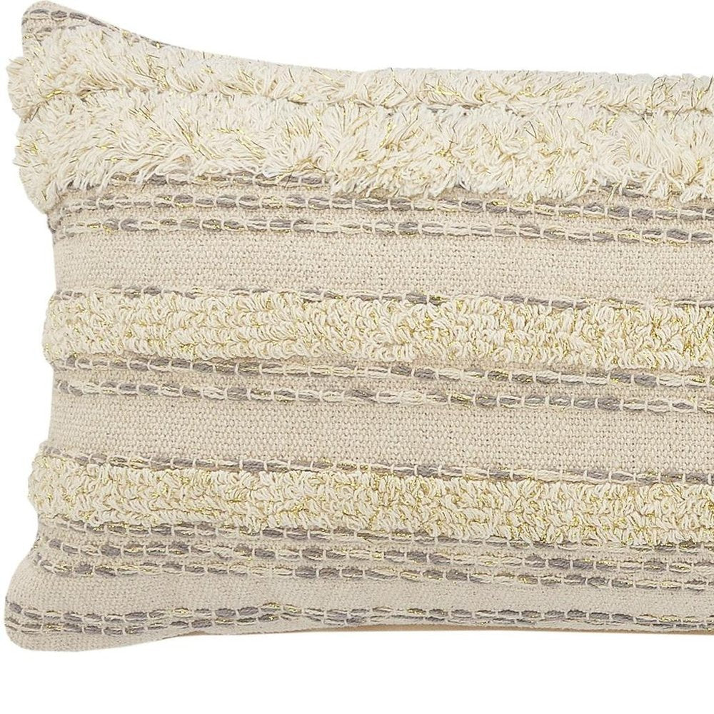 14" X 36" Cream And Gray Lumbar Striped Cotton Throw Pillow Cover with Fringe And Texture