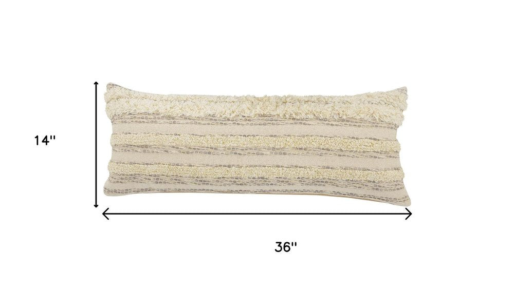 14" X 36" Cream And Gray Lumbar Striped Cotton Throw Pillow Cover with Fringe And Texture