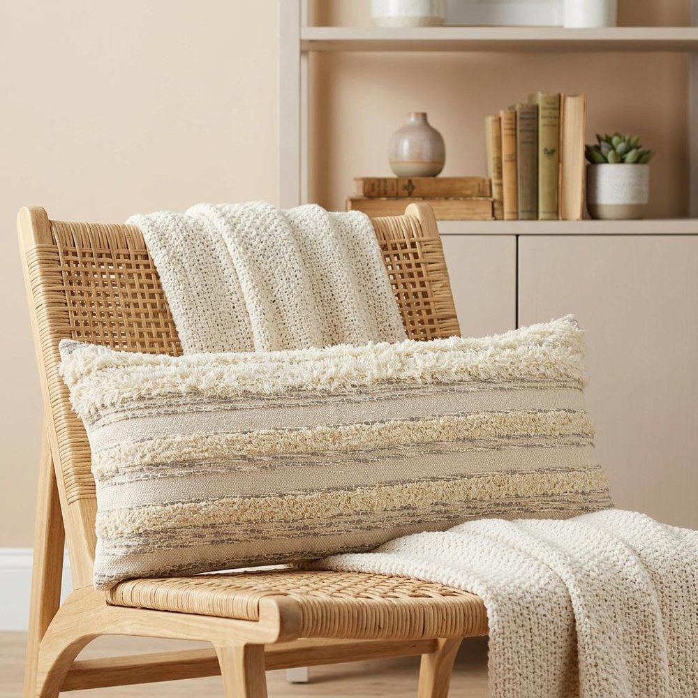 14" X 36" Cream And Gray Lumbar Striped Cotton Throw Pillow Cover with Fringe And Texture