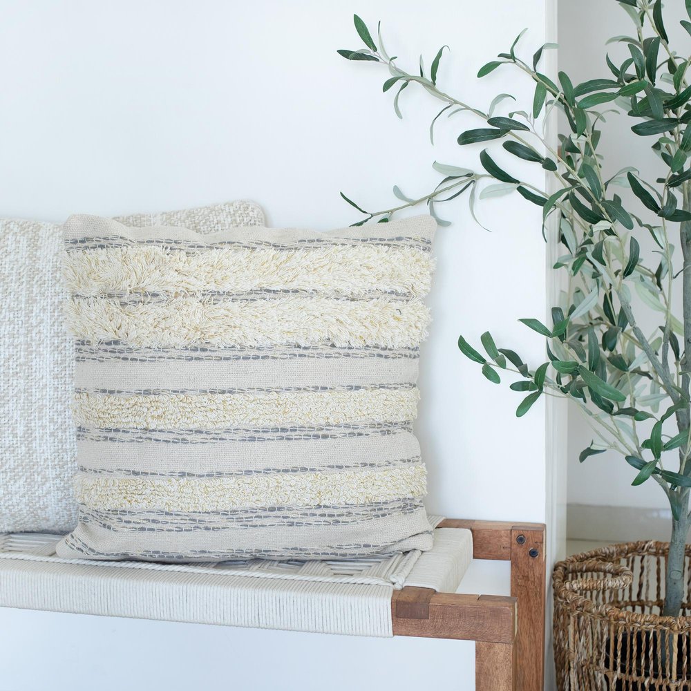 20" Cream And Gray Striped Cotton Throw Pillow Cover with Fringe And Texture