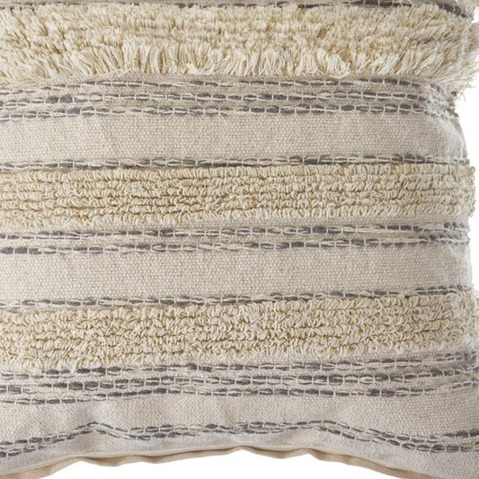 20" Cream And Gray Striped Cotton Throw Pillow Cover with Fringe And Texture