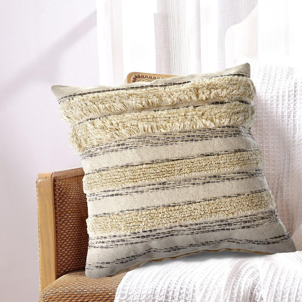 20" Cream And Gray Striped Cotton Throw Pillow Cover with Fringe And Texture