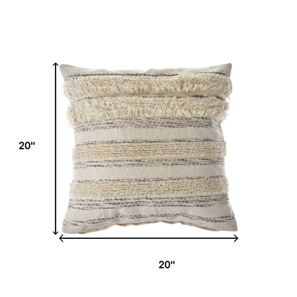 20" Cream And Gray Striped Cotton Throw Pillow Cover with Fringe And Texture