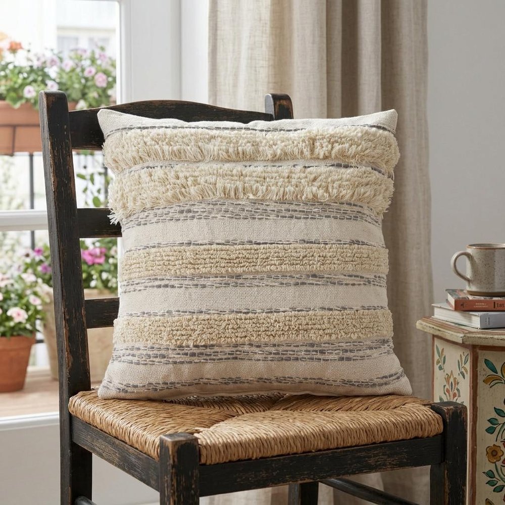 20" Cream And Gray Striped Cotton Throw Pillow Cover with Fringe And Texture