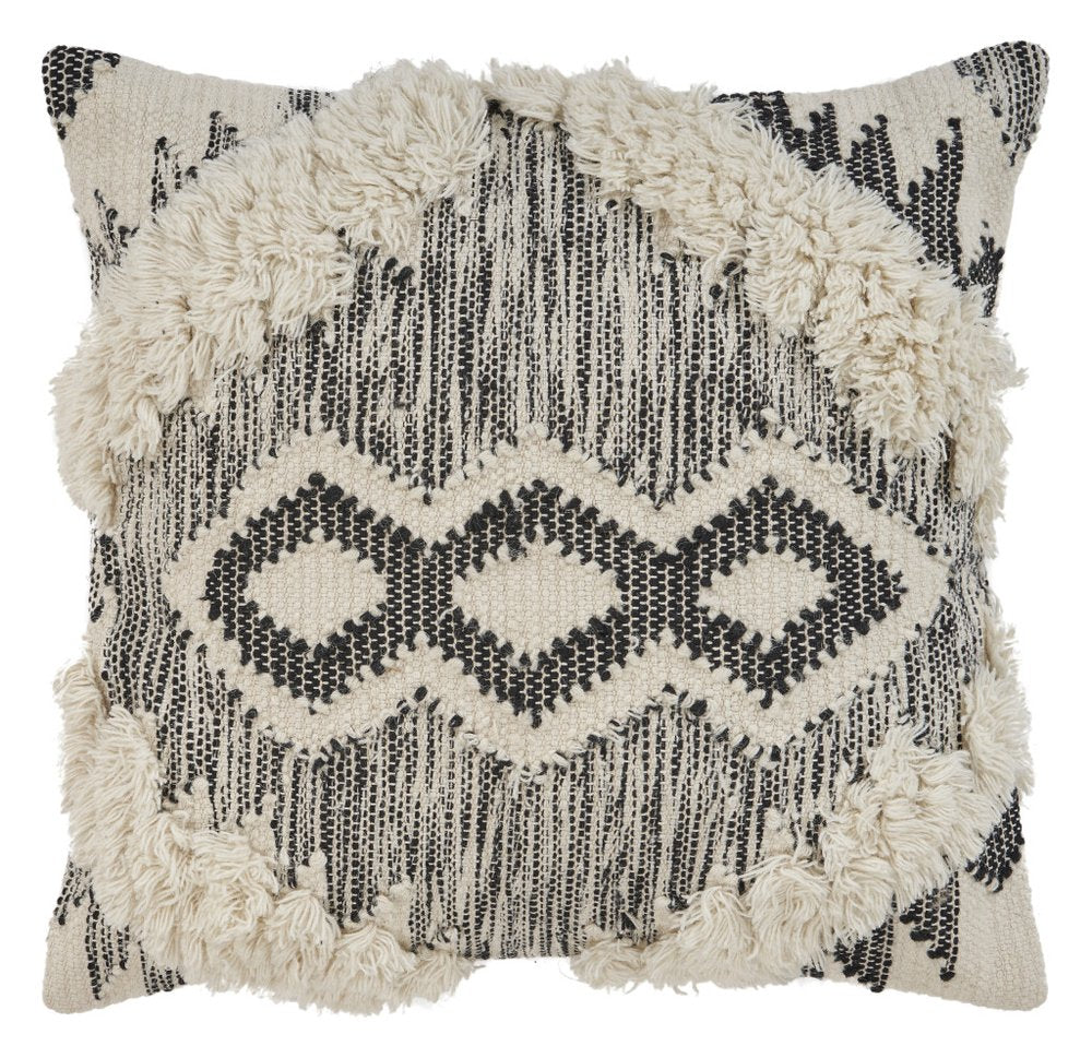 20" Black And White Geometric Wool Blend Throw Pillow Cover with Tufts And Texture