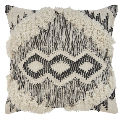 20" Black And White Geometric Wool Blend Throw Pillow Cover with Tufts And Texture