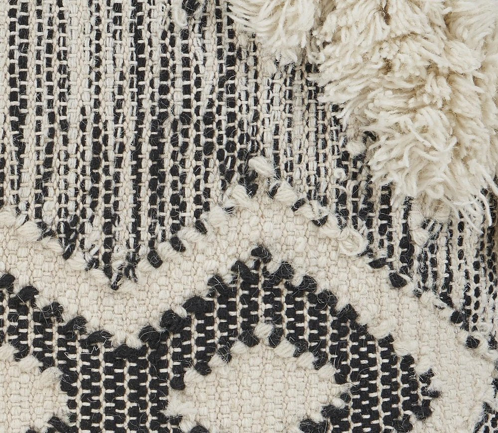 20" Black And White Geometric Wool Blend Throw Pillow Cover with Tufts And Texture