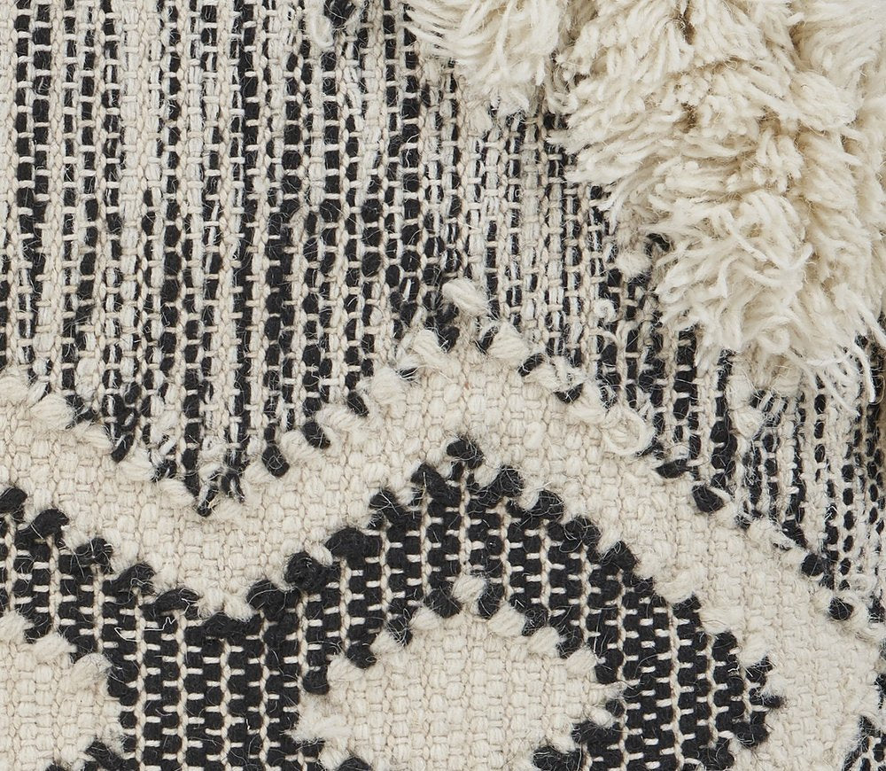 20" Black And White Geometric Wool Blend Throw Pillow Cover with Tufts And Texture