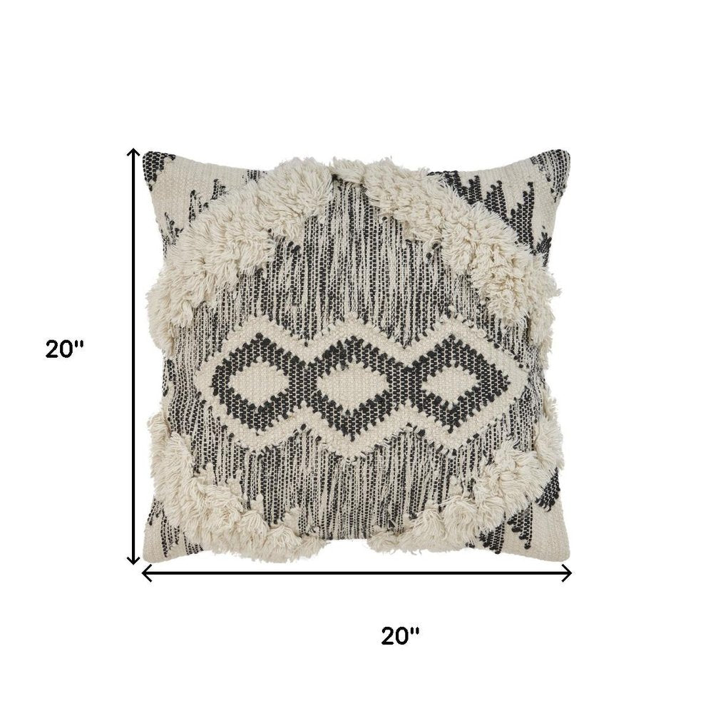 20" Black And White Geometric Wool Blend Throw Pillow Cover with Tufts And Texture