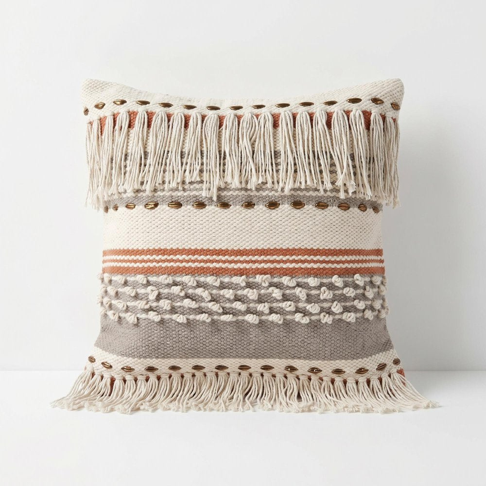 18" Beige Gray And Orange Striped Cotton Throw Pillow Cover with Fringe And Texture