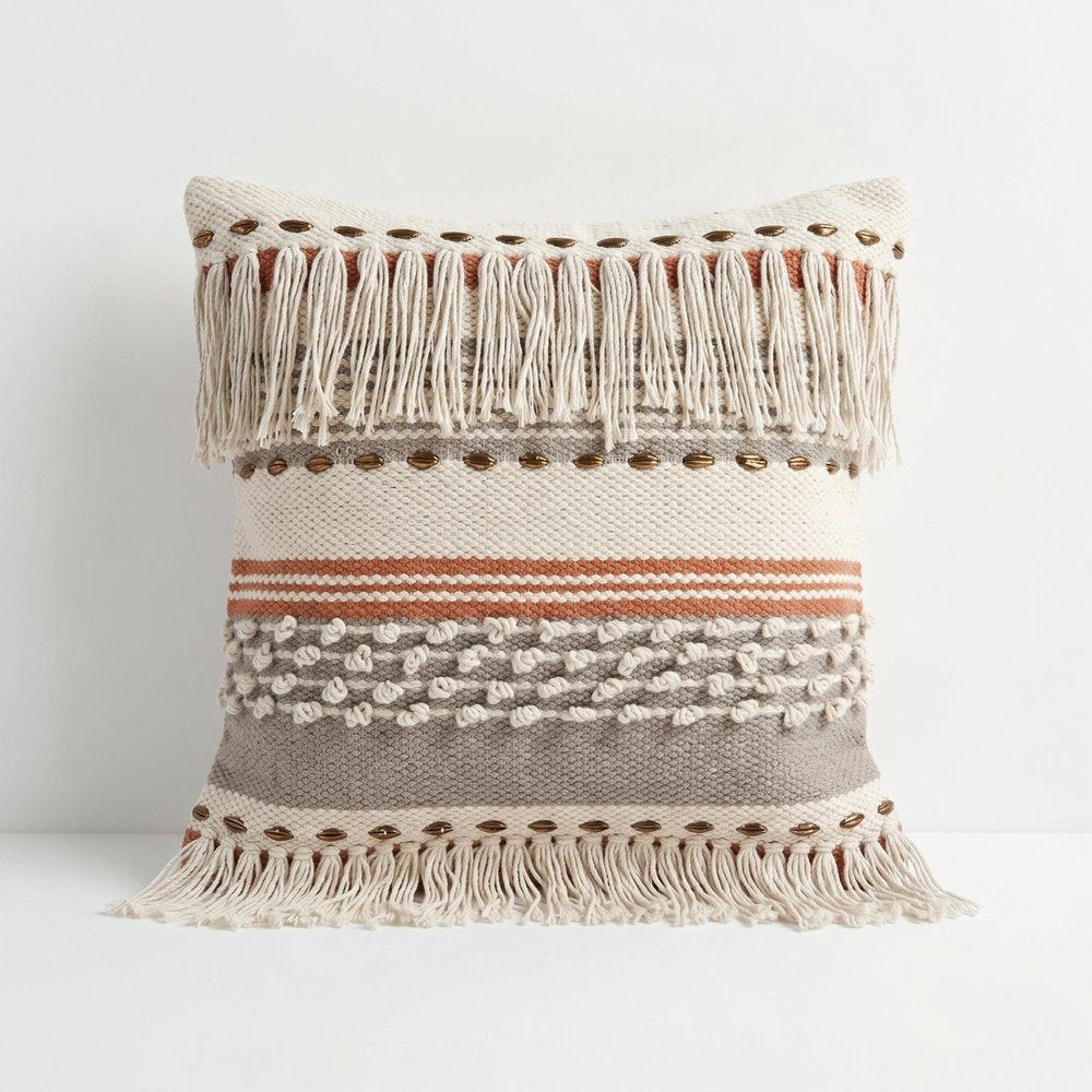 18" Beige Gray And Orange Striped Cotton Throw Pillow Cover with Fringe And Texture